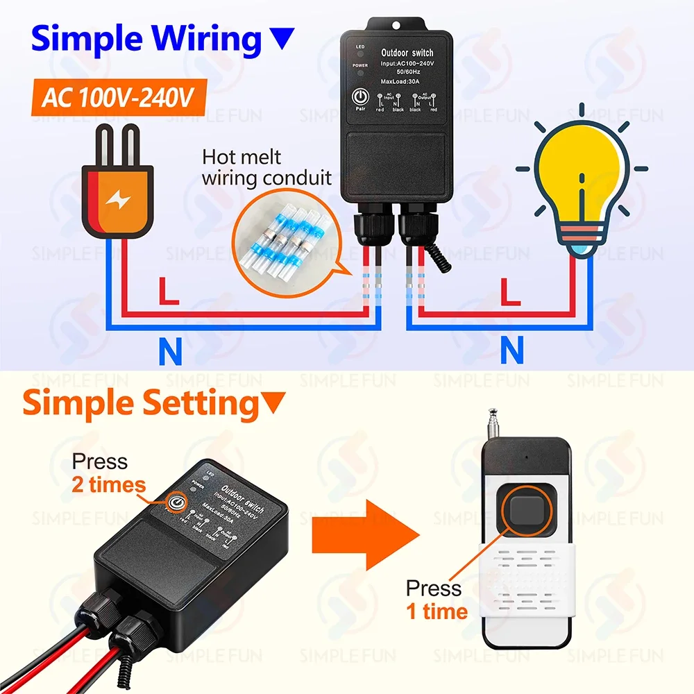 433MHz High Power Wireless Remote Control Switch 110V 220V 30A Outdoor Waterproof,1000m Control Range,for Pump Lamp Exhaust Fan