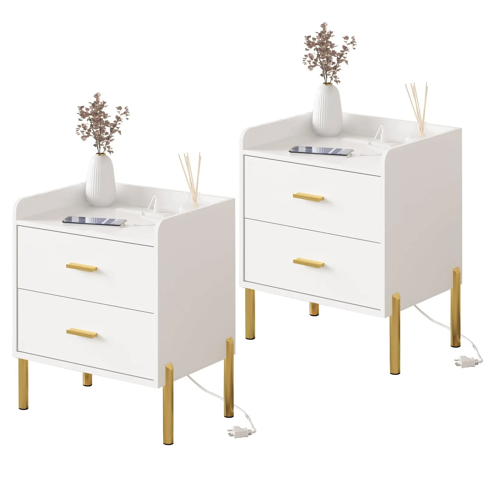 

Vabches Nightstand Set of 2 with Charging Station Wood Bedside Table with 2 Storage Drawer&Metal Leg White End Table for Bedroom