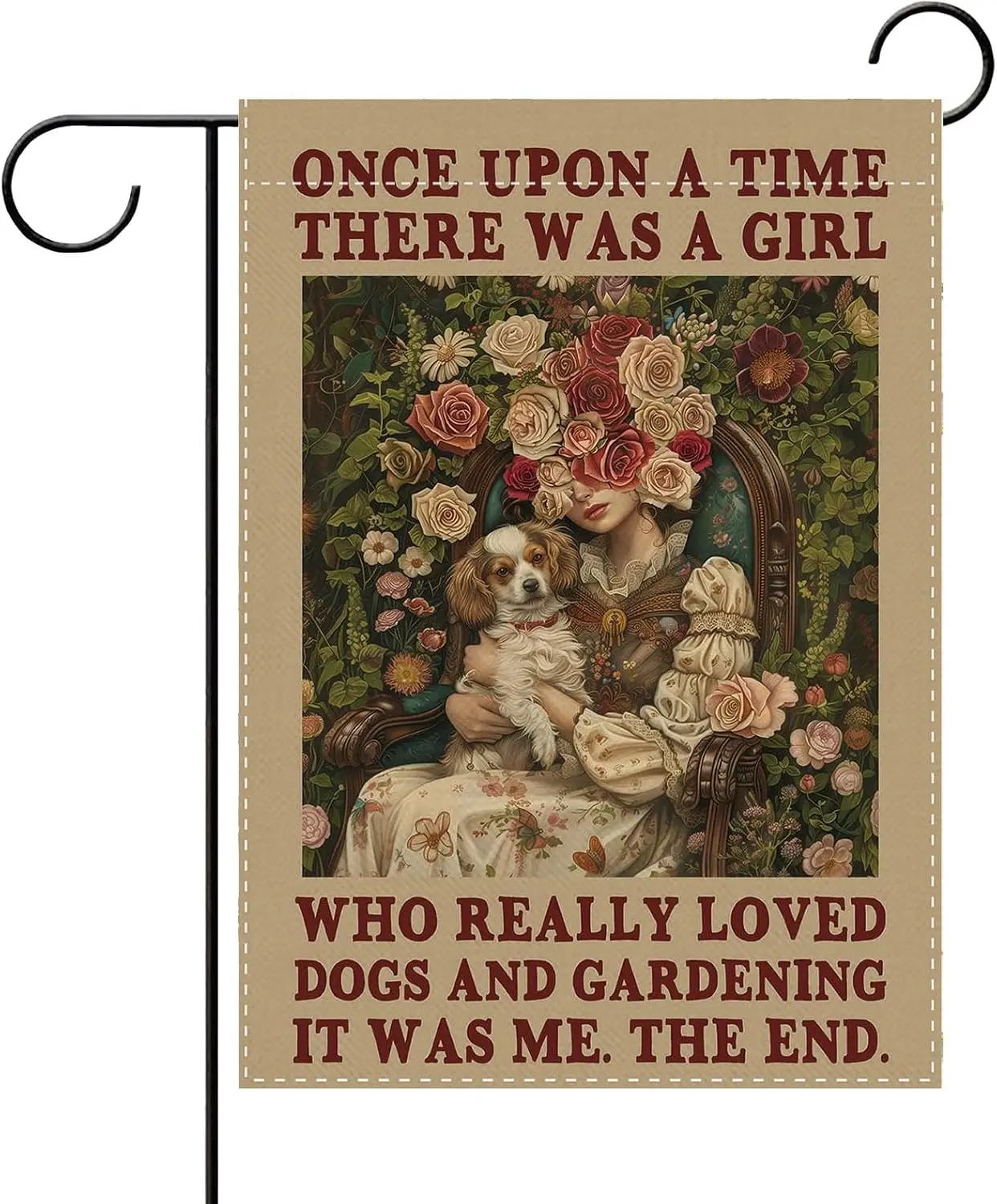 Vintage Dog Lover Garden Flag 12x18in, Once Upon a Time Girl Who Loved | Dogs and Gardening Floral Cavalier Spaniel Double S uui