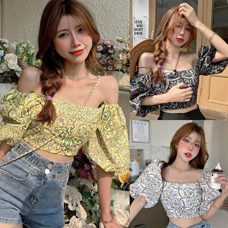 

Summer Women's Retro Floral Print Square Collar Exposed Navel Chiffon Puff Short Sleeve Shirt Blouse