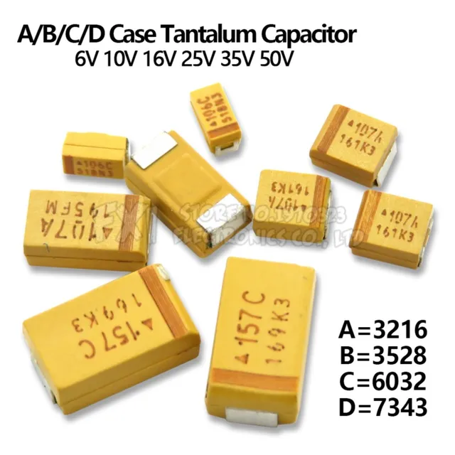 10PCS A B C D Obudowa Kondensator tantalowy 6V 10V 16V 25V 35V 50V 0.1UF 1uf 2.2UF 4.7UF 10UF 22UF 33UF 47UF 100UF 220uF 330UF