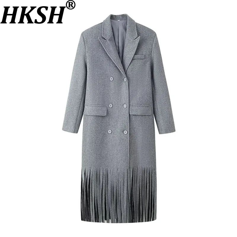 

HKSH 2025 Autumn Winter New Women's Long Overcoat Turn-down Collar Double Breasted Tassel Trench Coat Elegant Ins Jacket HK16013
