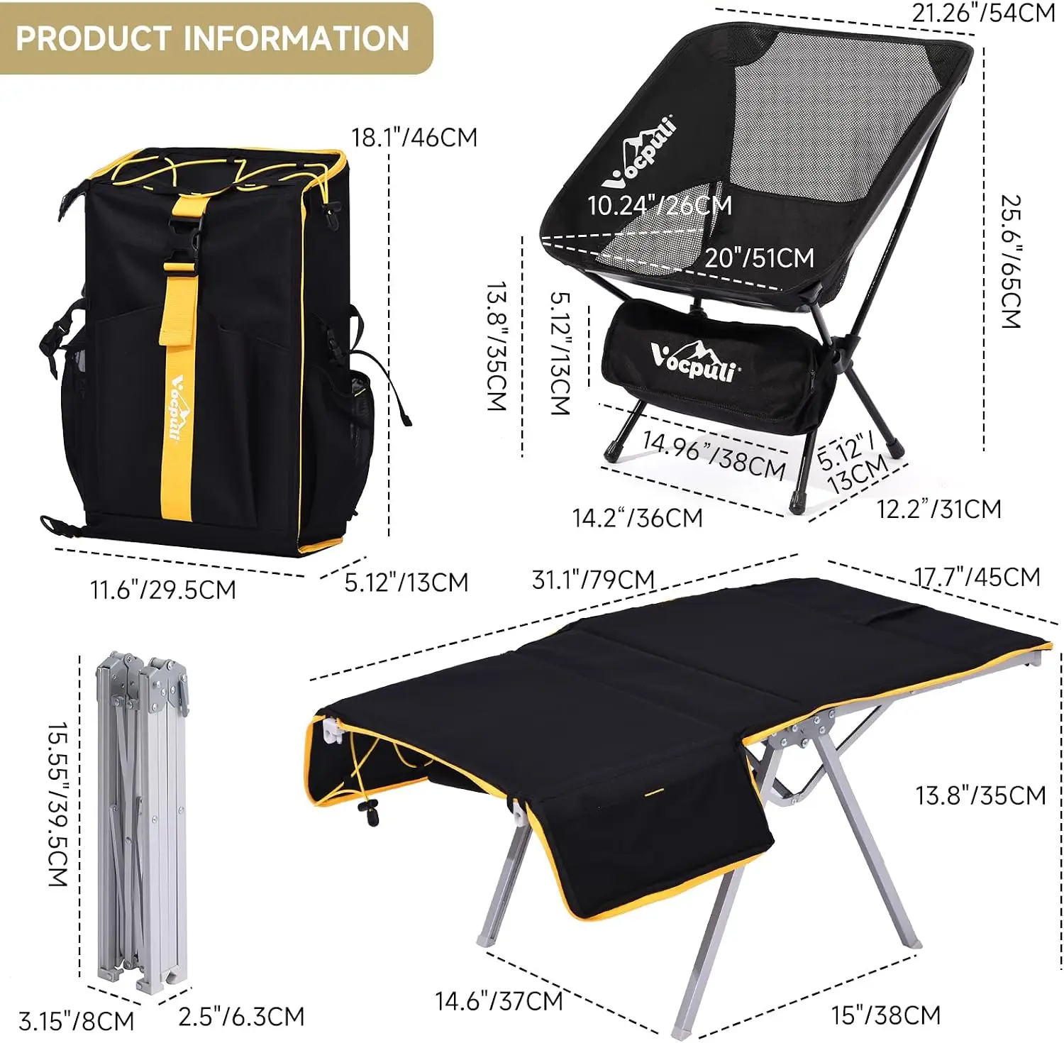 Camping Backpack - Aviation Aluminum Table Frame + 2 Folding Camping Chairs,+ Convertible Backpack Tabletop, Quick