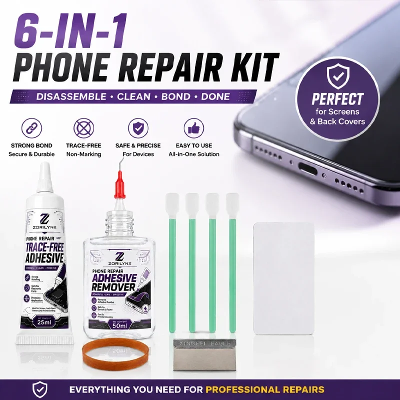 Professional Phone Repair Tool Kit Trace Free Adhesive 25ml with Glue Remover 50ml Scraper Swabs for Screen Frame Fix - ZORILYNX