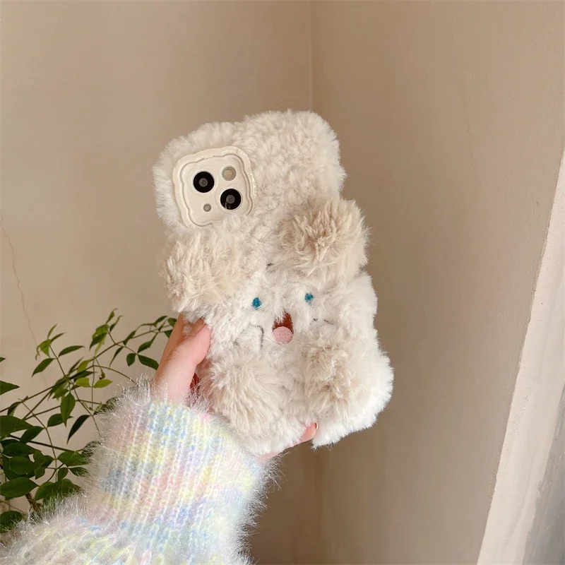 3D Cute DogWarm Winter Plush Soft Phone Case for Huawei P40 P50 P60 Pro Pura 70 Pro Fluff Toy Camera Protect Back Cover Cases