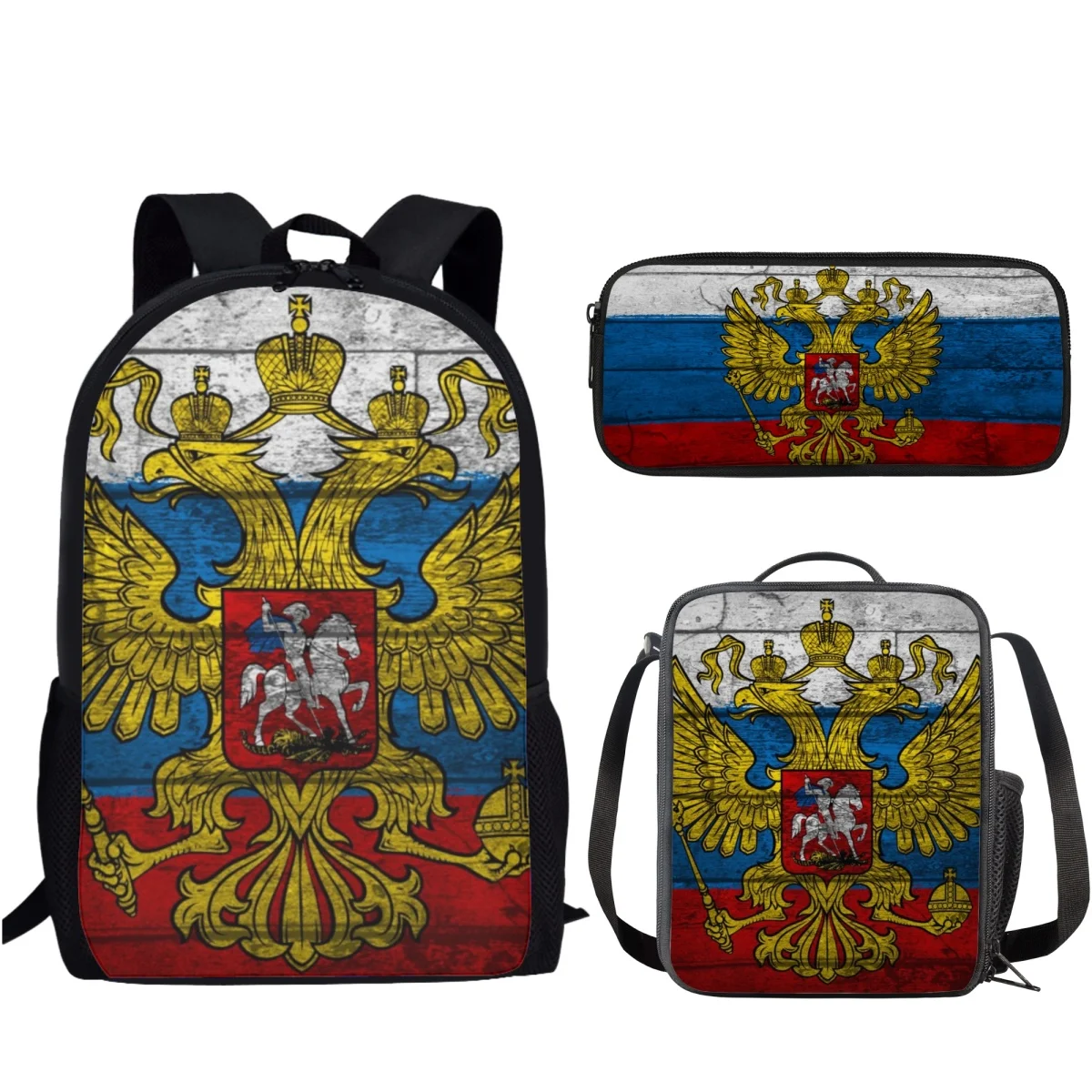 Saco escolar de grande capacidade para meninos e meninas, mochila infantil com lancheiras, presente do estudante, bandeira da Rússia, 3 peças