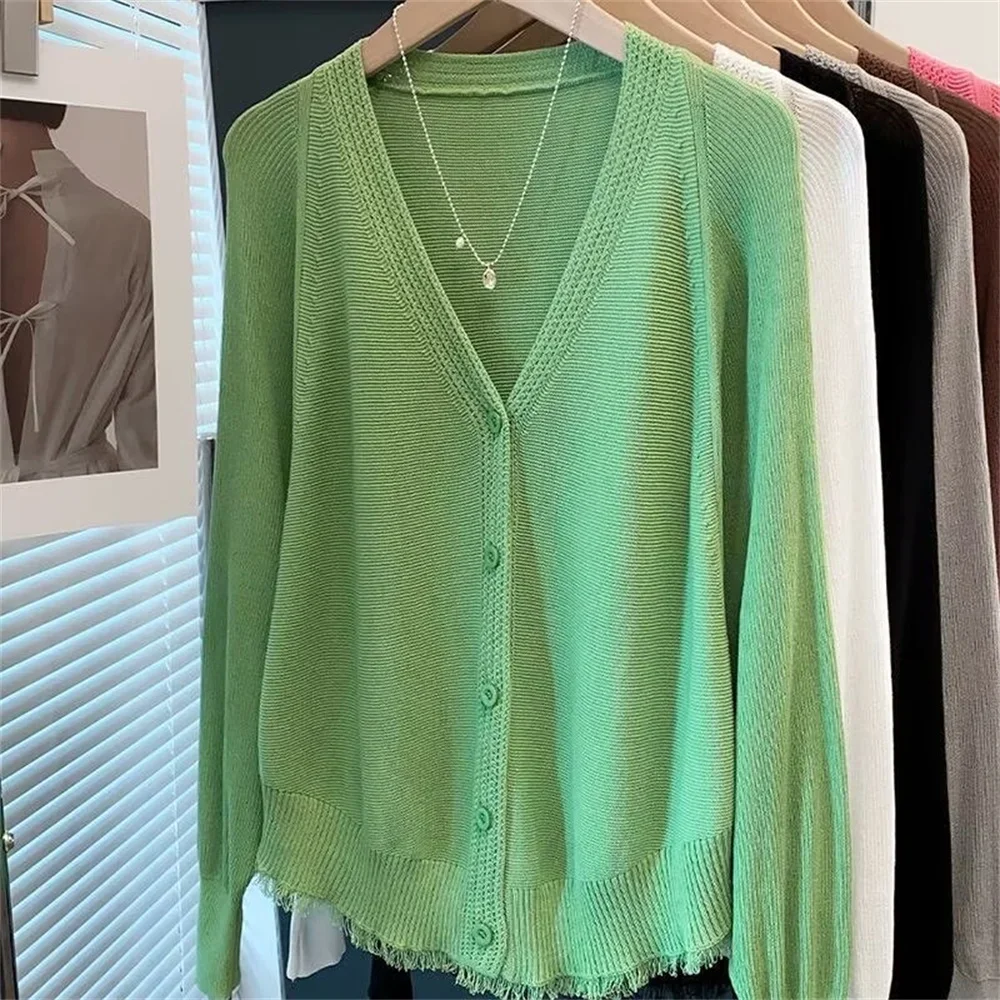 Korean Fashion Green Ice Silk Knitted Sun Protection Cardigan Women's Summer Outer Shawl Jacket Air Conditioning Shirt Thin Tops
