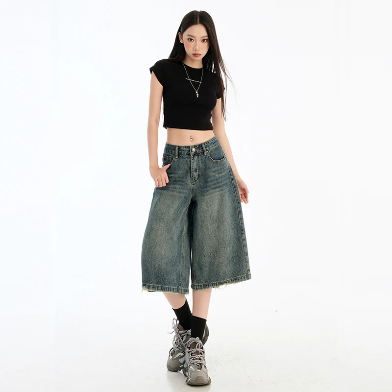 Brand Clothing Women's Wide Leg 5-Point Knee Jeans Cotton Vintage Washed Draping Loose Straight Leg Denim Shorts Summer