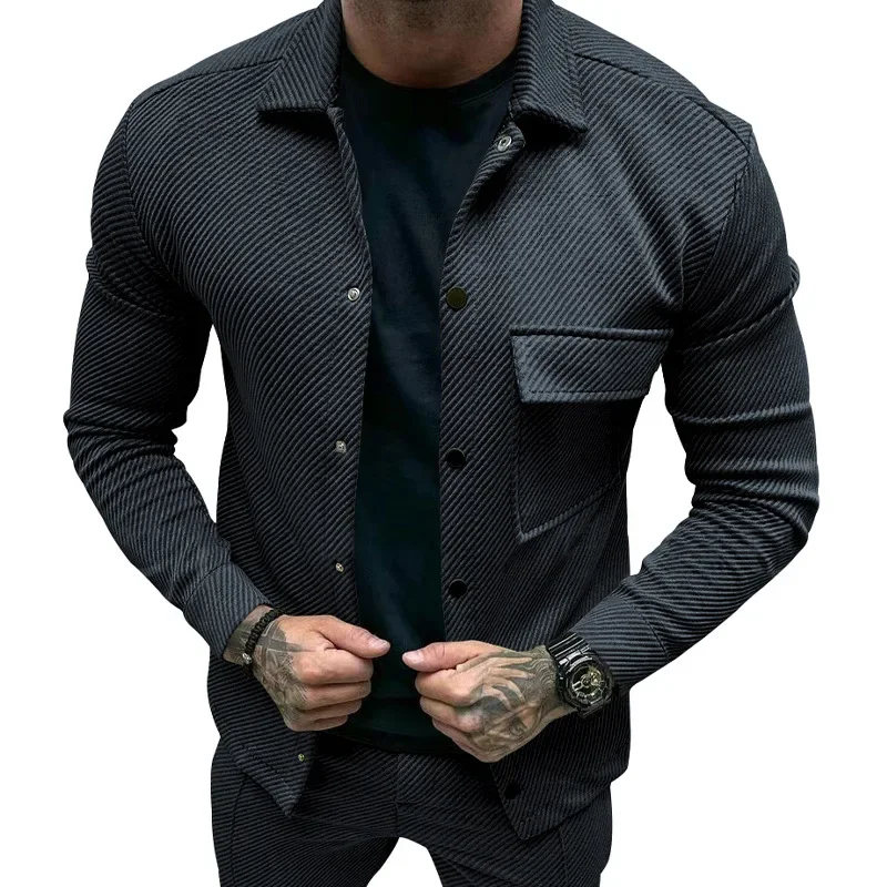 Cross-border autumn casual men\'s heavy-duty twill lapel neck long-sleeved top single-breasted solid-color slim-fit jacket