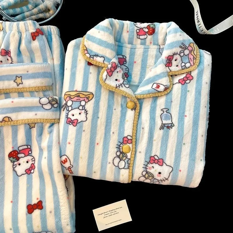 Cartoon HelloKitty Cute Winter Warm Flannel Pajama Set Pants Fluffy House Clothes Women Dormitory Long-sleeved Streak Loungewear