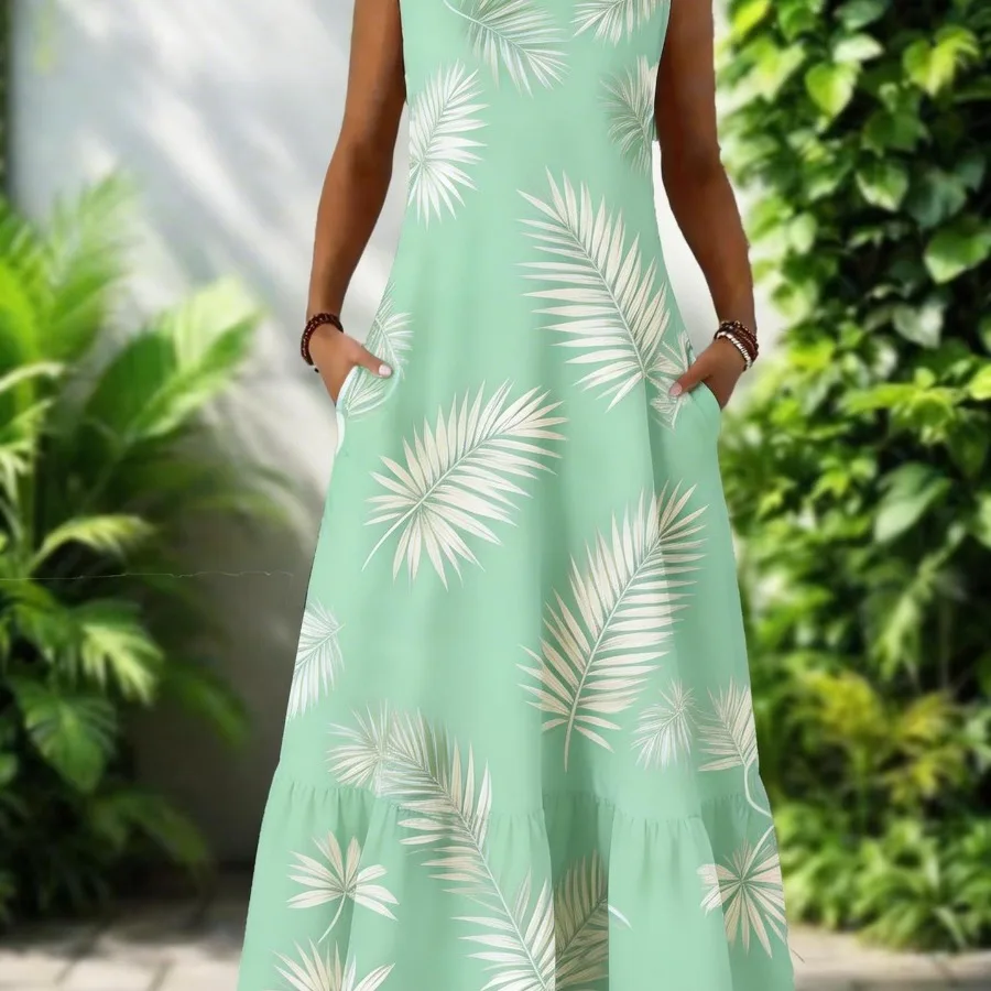 

【New style】2026 summer style ruffled long dress, palm leaf printing supports customization