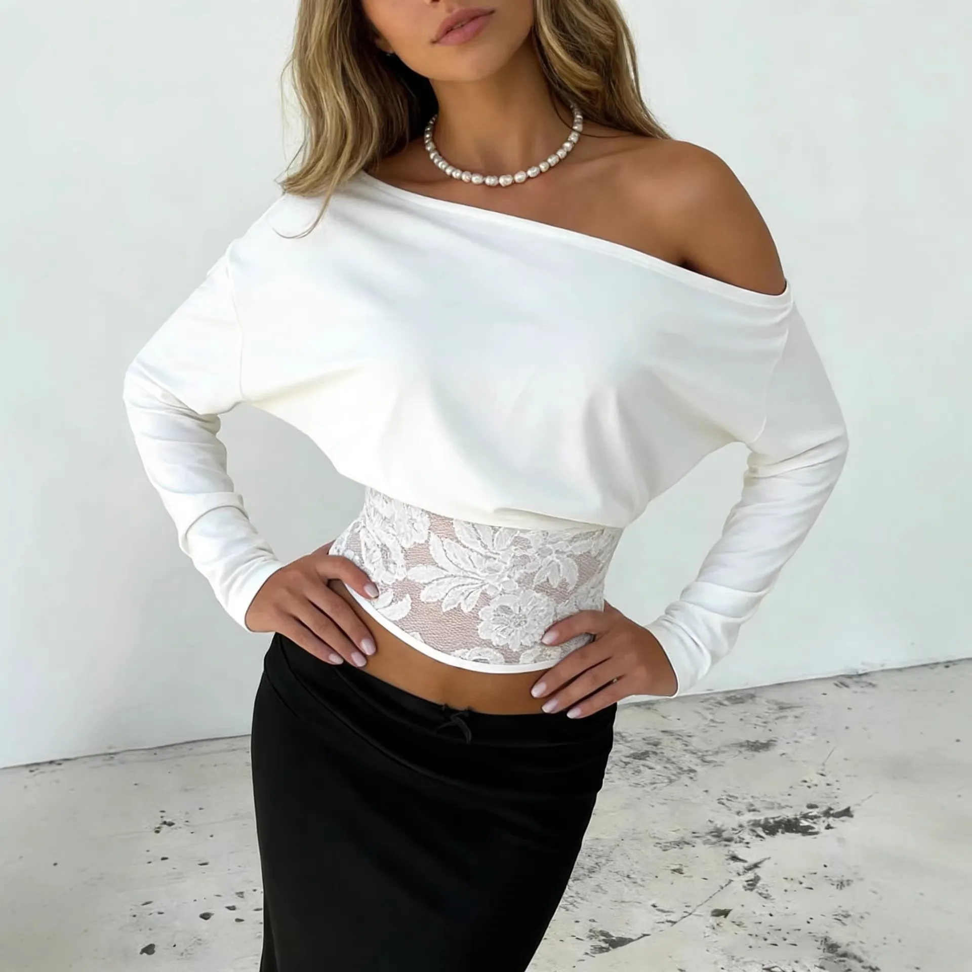 Patchwork Off Shoulder Top Regular Fit Streetwear Women Top with Batwing Sleeve Long Sleeve T Shirt for Camping Dance Date
