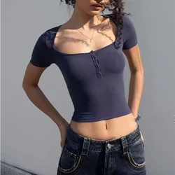 Women Button Front Short Sleeved Crop T-shirt