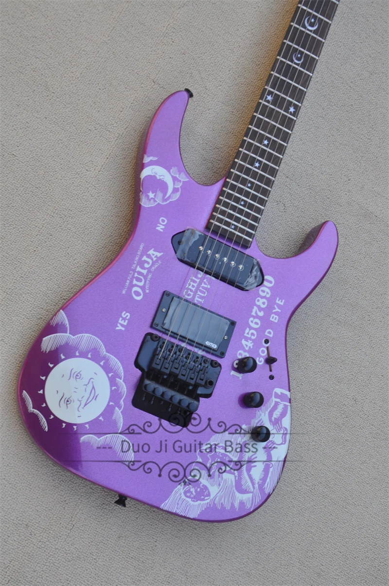 Metal purple guitar, Tremolo bridge, solid wood body rosewood fingerboard, star and crescent inlaid，black tunes