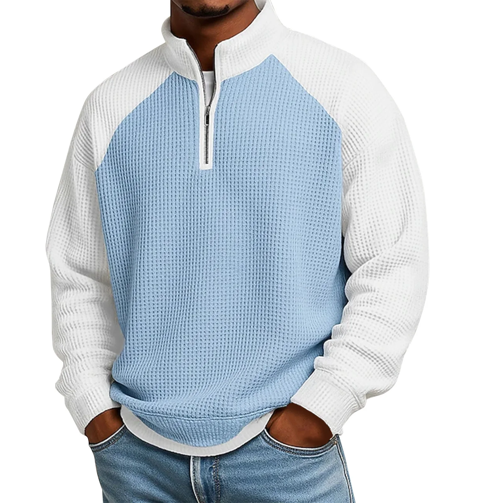 Men's Autumn Winter Waffle Zipper Color-blocked Stand-up Collar Zipper Long-sleeve Hoodies Sweatshirt