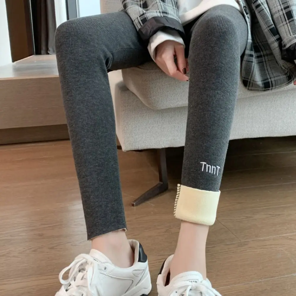 กางเกงเลกกิ้งผู้หญิงมีตัวอักษรฤดูใบไม้ร่วงฤดูหนาวกางเกงขนแกะหนากางเกงเข้ารูปยาวอบอุ่น