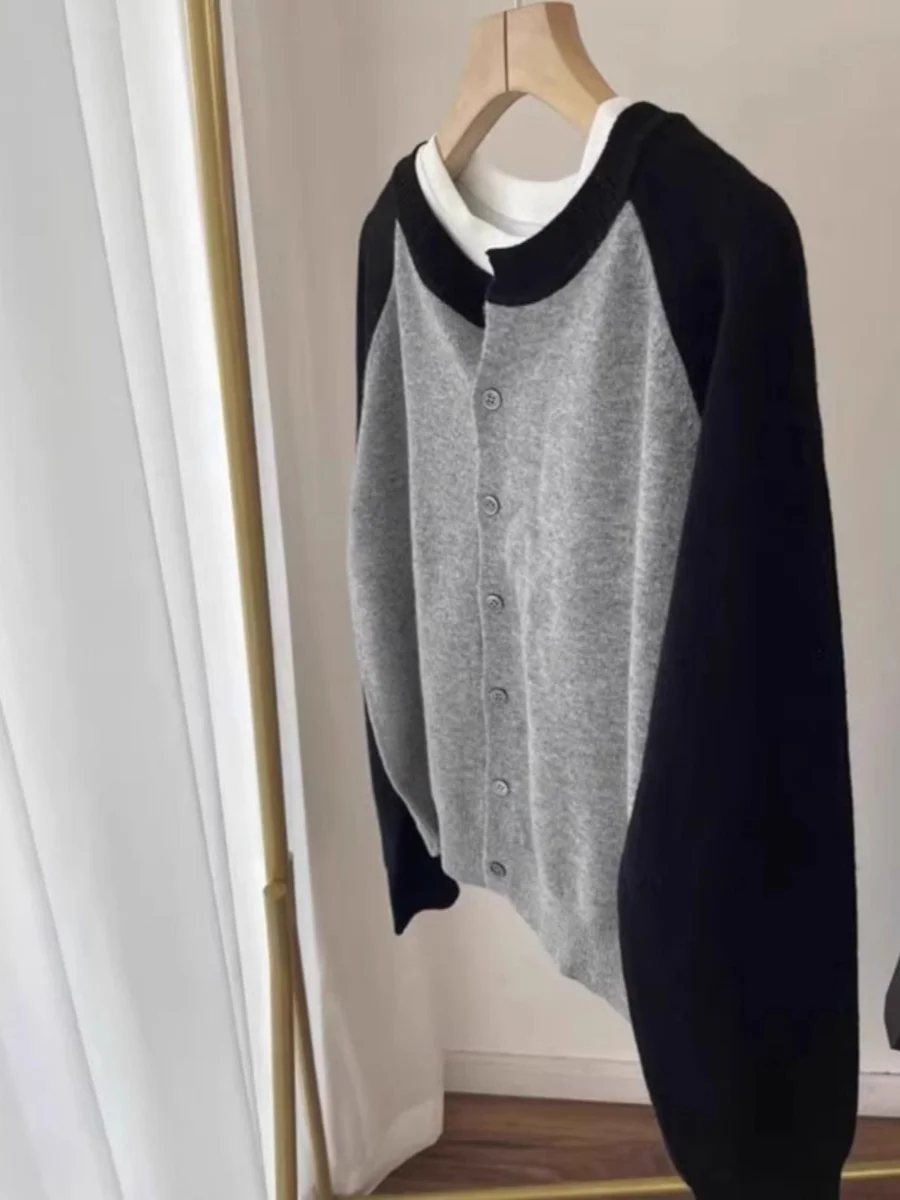 

Korean Style Color Block Splice Shoulder Sleeve Knitted Open Cardigan Women's Long Sleeve Soft Cozy Sweater Spring Autumn Top