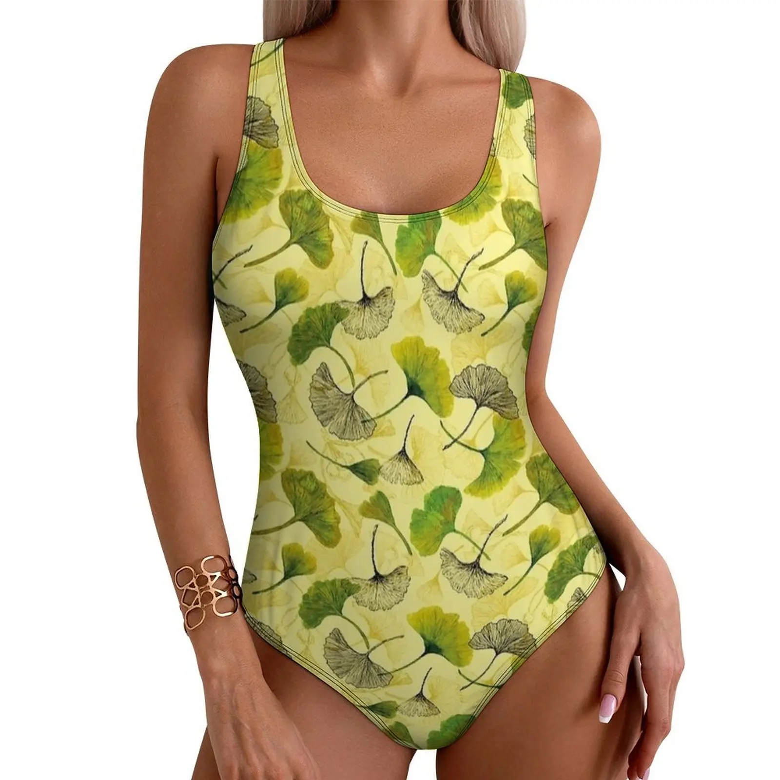 Yellow Ginkgo Biloba Leaves Swimsuit Sexy Women Swimwear One Piece Stylish Swimsuits Holiday Rave Push Up Sleeveless Beach Wear