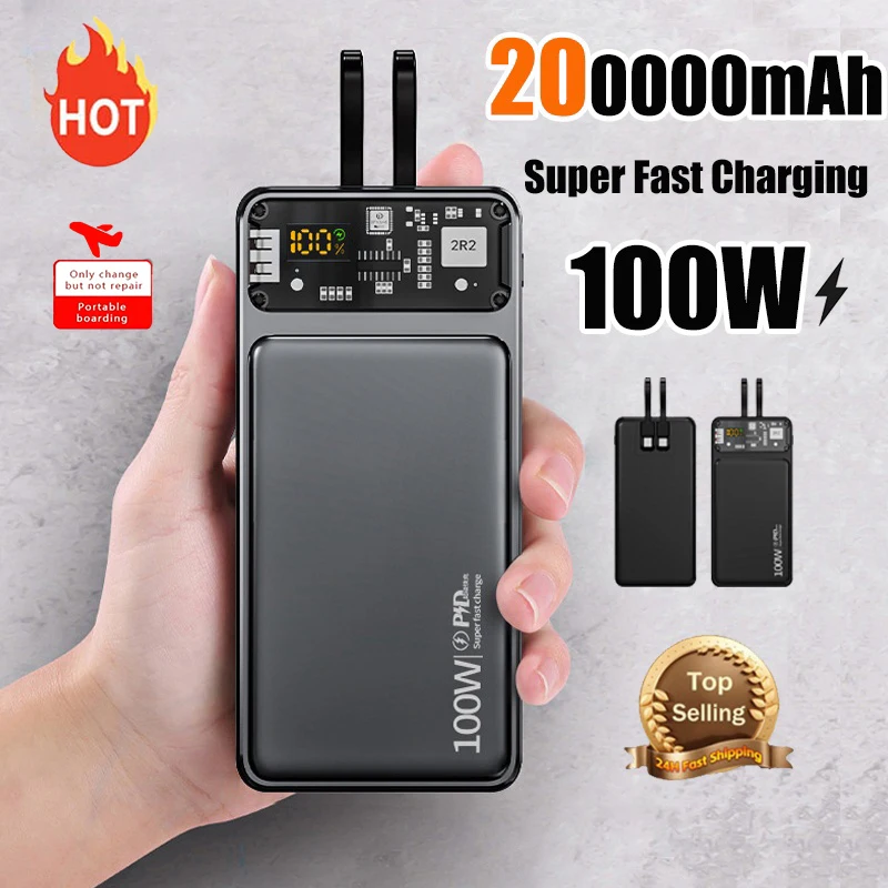 200000mAh Large Capacity Power Bank Ultra-thin 100W Fast Charger With Cable Spare External Battery For Iphone Huawei Xiaomi