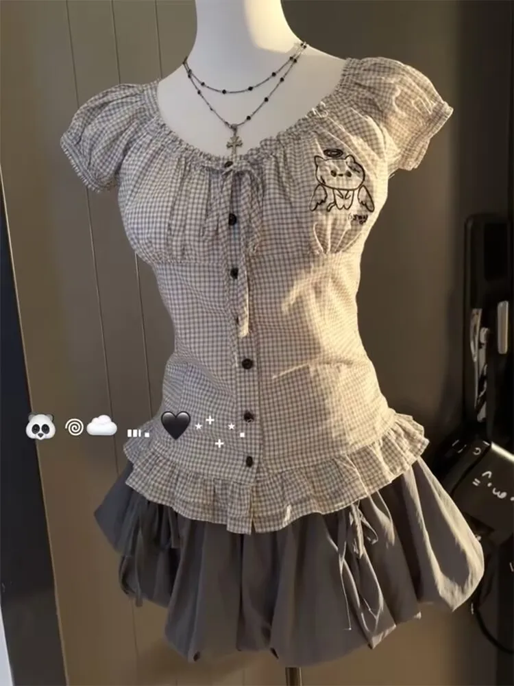 خمر لوليتا 2 قطعة مجموعة المرأة الصيف تصميم Kawaii سليم منقوشة قصيرة الأكمام Y2k القمم الرجعية عالية الخصر التجاعيد البتلة تنورة صغيرة