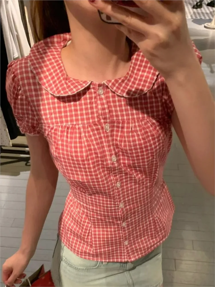 Sweet Peter Pan Collar Blouse Women Casual Streetwear Buttons Short Sleeve Tees Cute Preppy Style Chic T-shirts Y2K Blouses