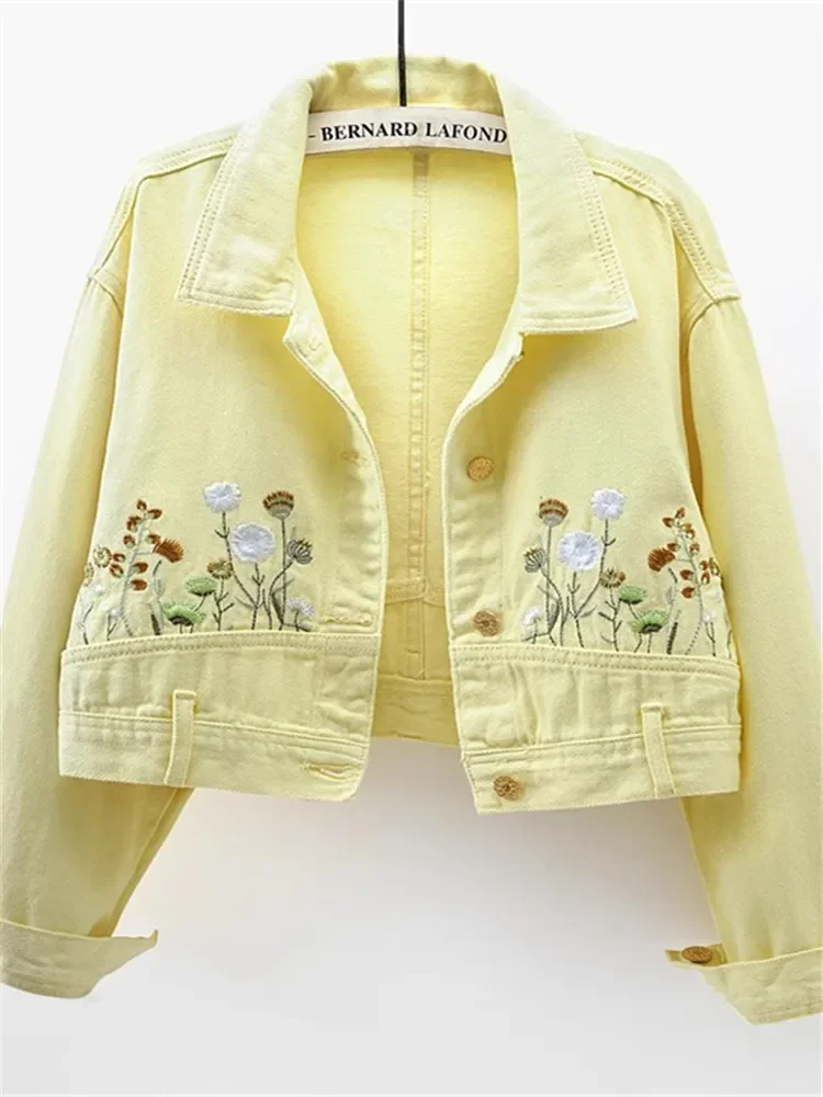 

Chic Floral Embroidery Crop Denim Coats Women Lapel Long Sleeve Single Breasted Jeans Jacket Vintage Streetwear Female B394