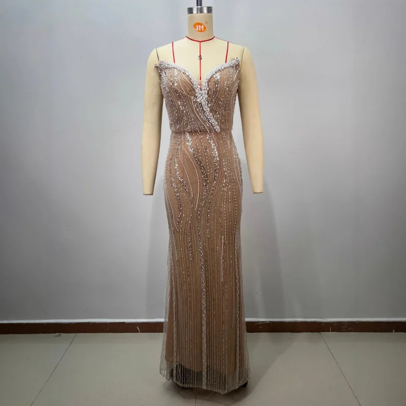 New Arrival Women's Apricot Heavy Beaded High Waist Slim Fit Bodycon Sequin Middle Eastern Evening Dress