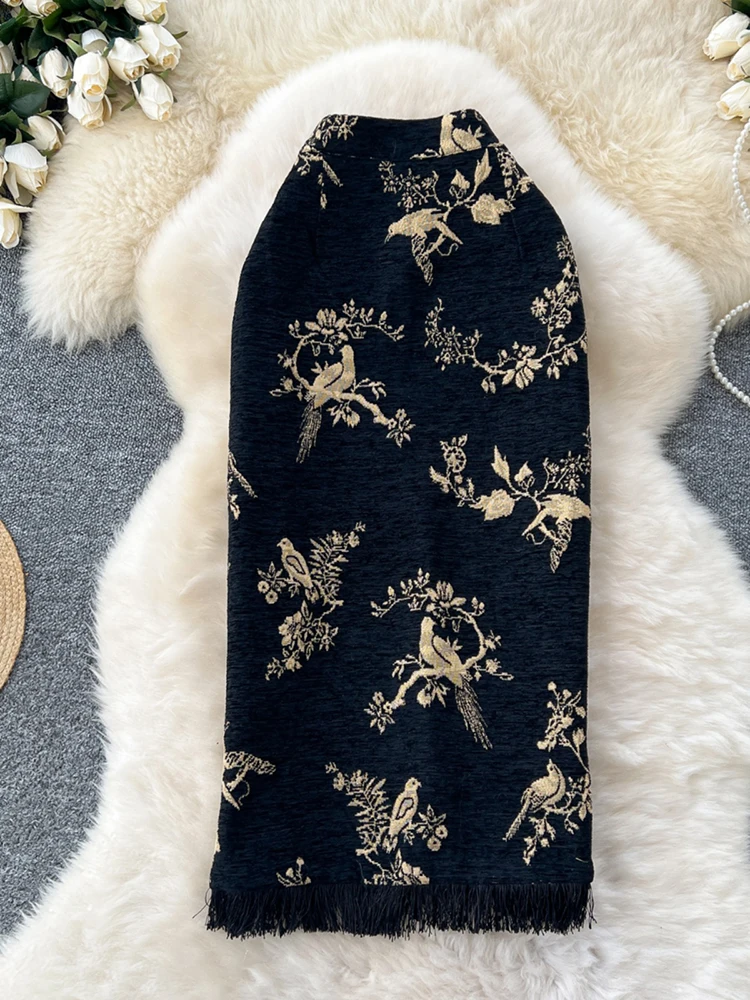 

Женская осенне-зимняя юбка-карандаш в китайском стиле с жаккардовой вышивкой и высокой талией, юбка-труба с кисточками по краям, женские faldas SK071