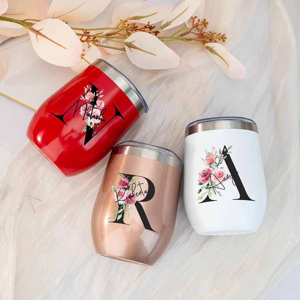 Custom Floral Initial Letter Wine Tumbler 12oz, Monogram Stainless Steel Cup Bridesmaid Gift Multiple Colors,Christmas Gift.