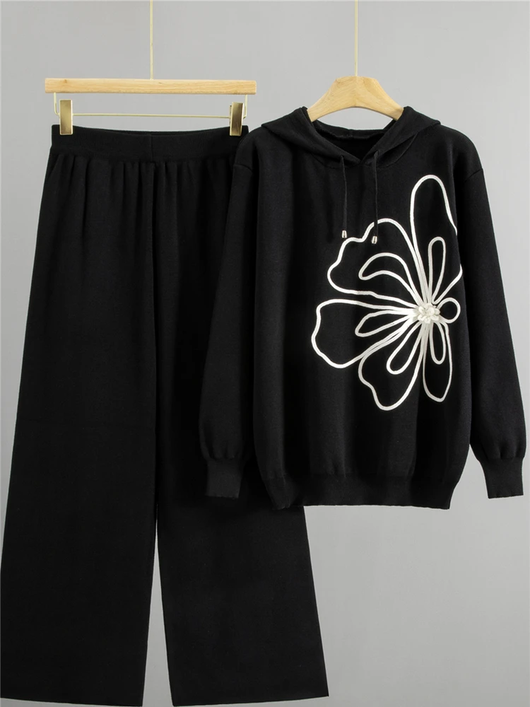 Faionable Casual Gestrickte Pullover Und Breite Bein Hosen Set frauen Abnehmen Zwei Stück Ensemble Herbst Winter Neue Ankunft