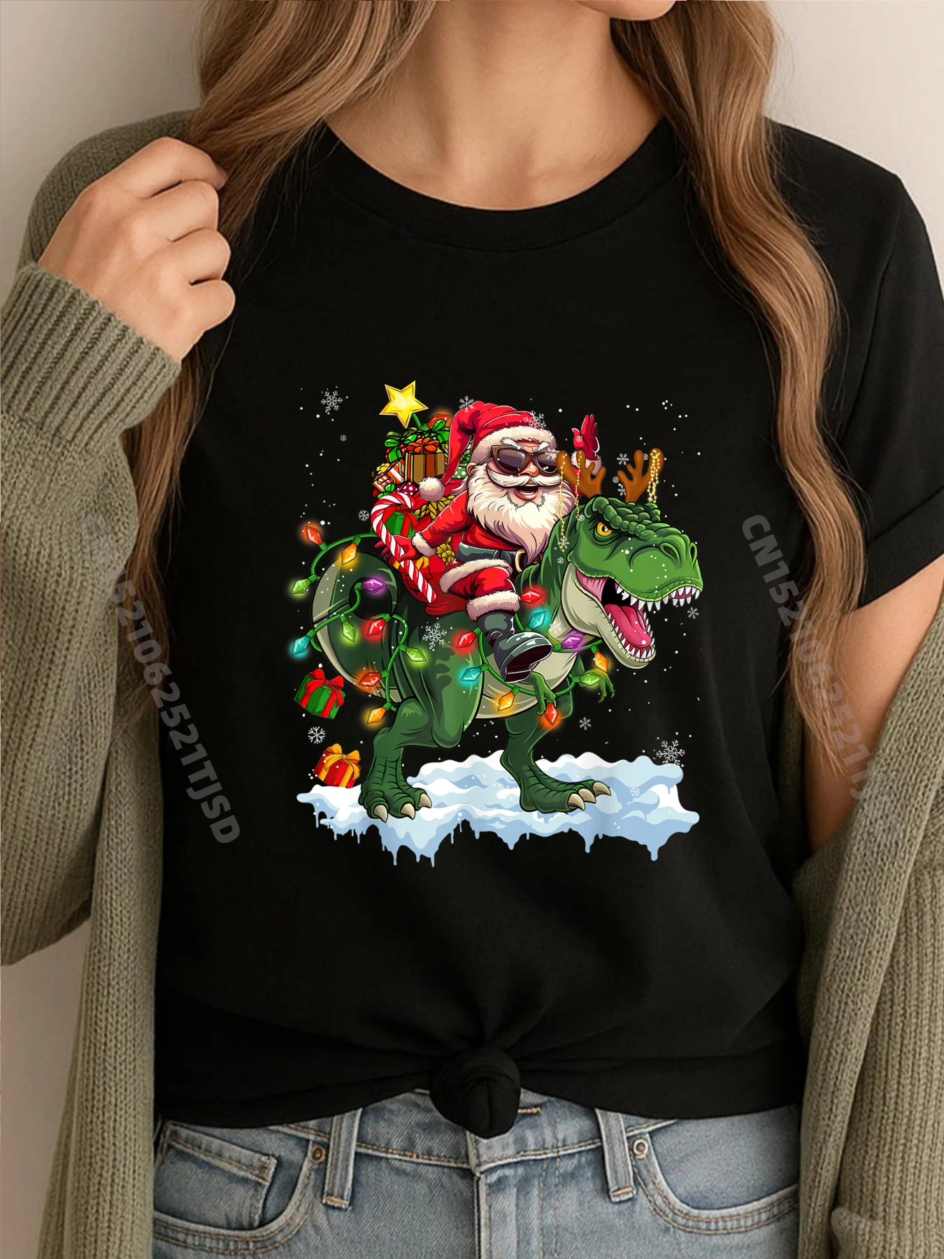 

Santa Riding Dinosaur Rex Christmas Tree Lights Xmas Graphic Tees Woman Men's Clothes Easter Sunday