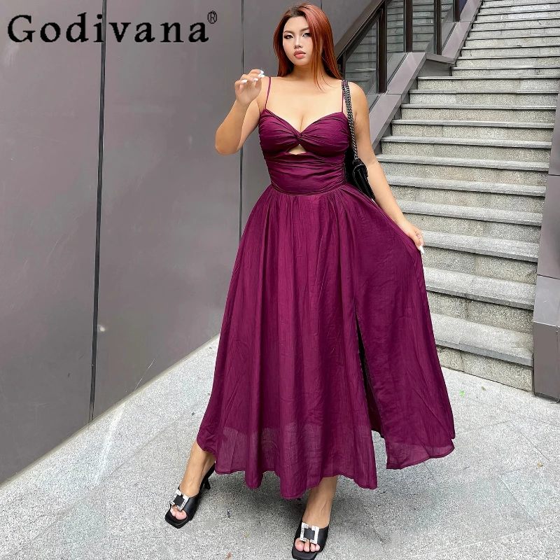 

Large Size Summer New Hollow Split Sexy Suspender Dress Street Women High Waist A-line Elegant Sleeveless Purple Long Dresses