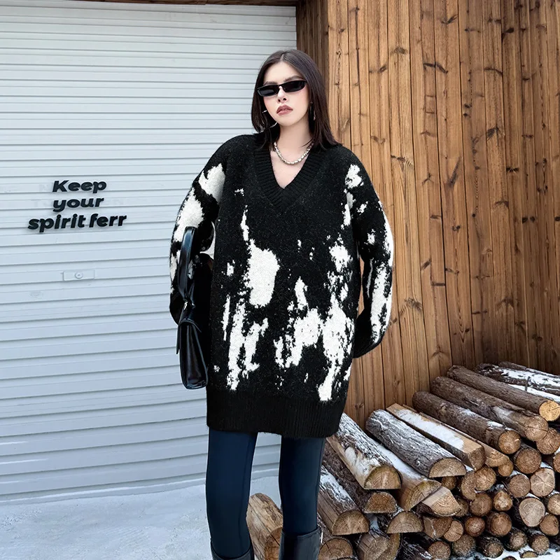 

Loose V-Ne Knitted Sweater Warmth Autumn Winter New Sle Street Faion Cotton Material Slimming Top Water-Mark Embroidery