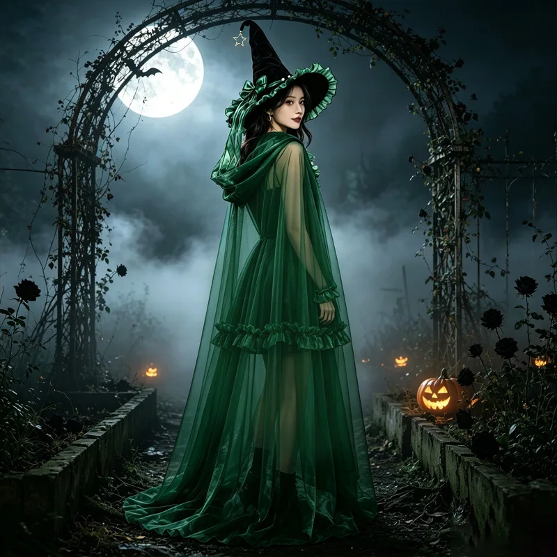Festive & Party Supplies Halloween witch cos costume hooded mesh cloak cloak two-piece set Gothic witch party dance performance