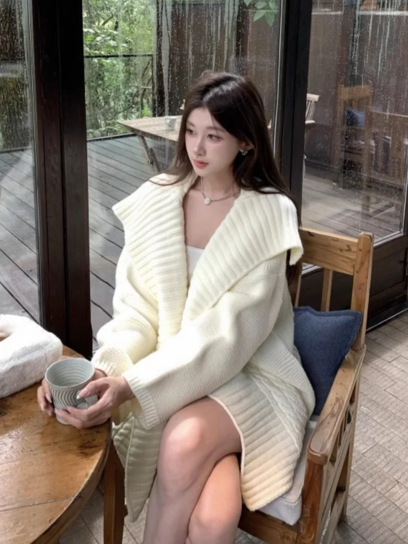 

Women's Thiened Knitted Sweater Coat Large Collar Loose Lazy Sle High-End Feeling Autumn Winter New Korean Sle Cardigan