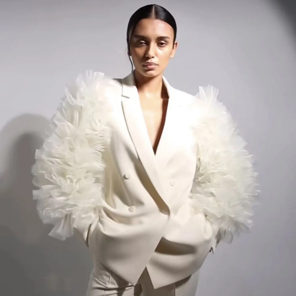 

Elegant Off White Strarchy Women Blazer Jacket With Ruffles Trimmed Details Fashion Female Outerwear Coat