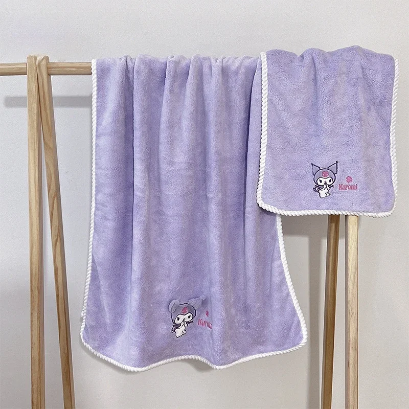 Anime Kuromi Children Coral Plush Towel Bath Towel Combination Absorbent and Non Hair Falling Soft Girl Shower Quick Drying Wrap