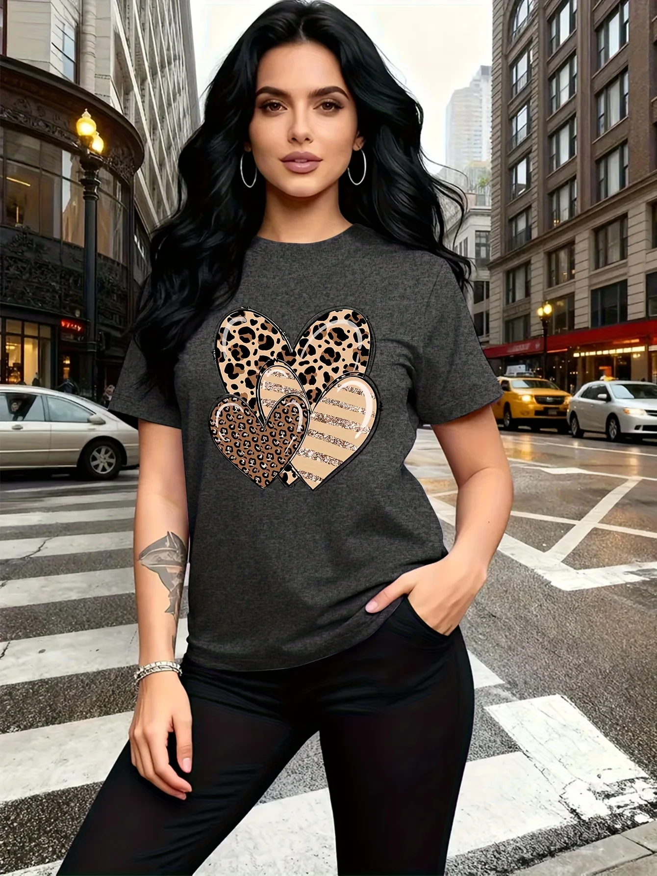 Leopard Print & Heart Design T-Shirt - Short Sleeve Round Neck Casual Top with Appliqué & Graphic, Breathable for all-Season Wear, Matching Sister Outfits, Events, Travel - Medium Stretch Comfortable Everyday Blouse