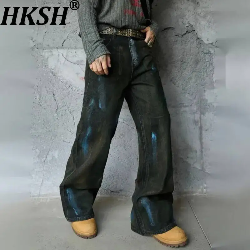 HKSH Spring Autumn New Men Tide Chic Ins High Street Ink Splash Graffiti Dirty Dye Flared Jeans Vibe Casual Denim Pants HK19274