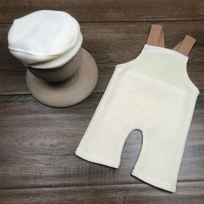 Costume pantalon à bretelles arrière chapeau assorti, tenue photographie confortable pour bébé 0 à 1 mois, accessoires