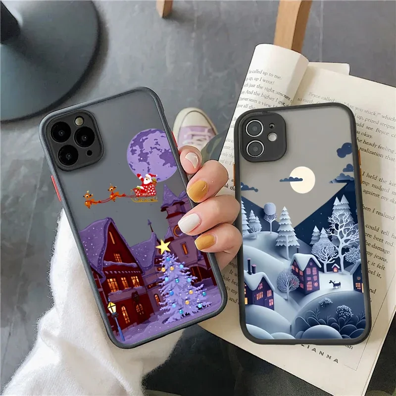 Merry Christmas Tree Snow Scene Matte Hard Back Phone Case for iPhone 16 15 14 Pro Max 13 12 Mini 11 Pro XS XR X 7 8 Plus Cover