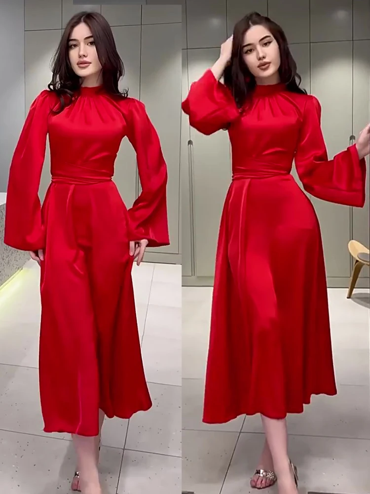 Eid มุสลิมชุดสตรีซาติน Ramadan Abaya ชุดยาวเข็มขัด SLIM FIT Vestidos Largos ดูไบตุรกี Robe Jalabiya 2024