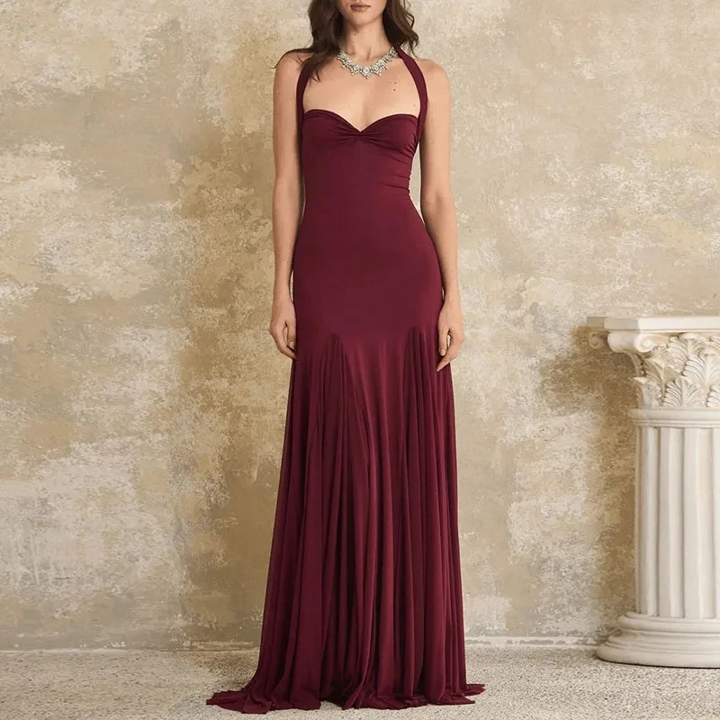 

Summer Sleeveless Backless Pleated Dress Fashion New High Waist Slim Long Dress Lady Elegant Solid Color Tube Tops Evening Dress