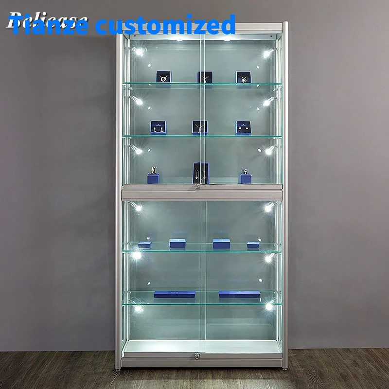 （customized）Multi-purpose Aluminum Glass Display Cabinet Lockable Showcase with LED Light  Phone Display Counter