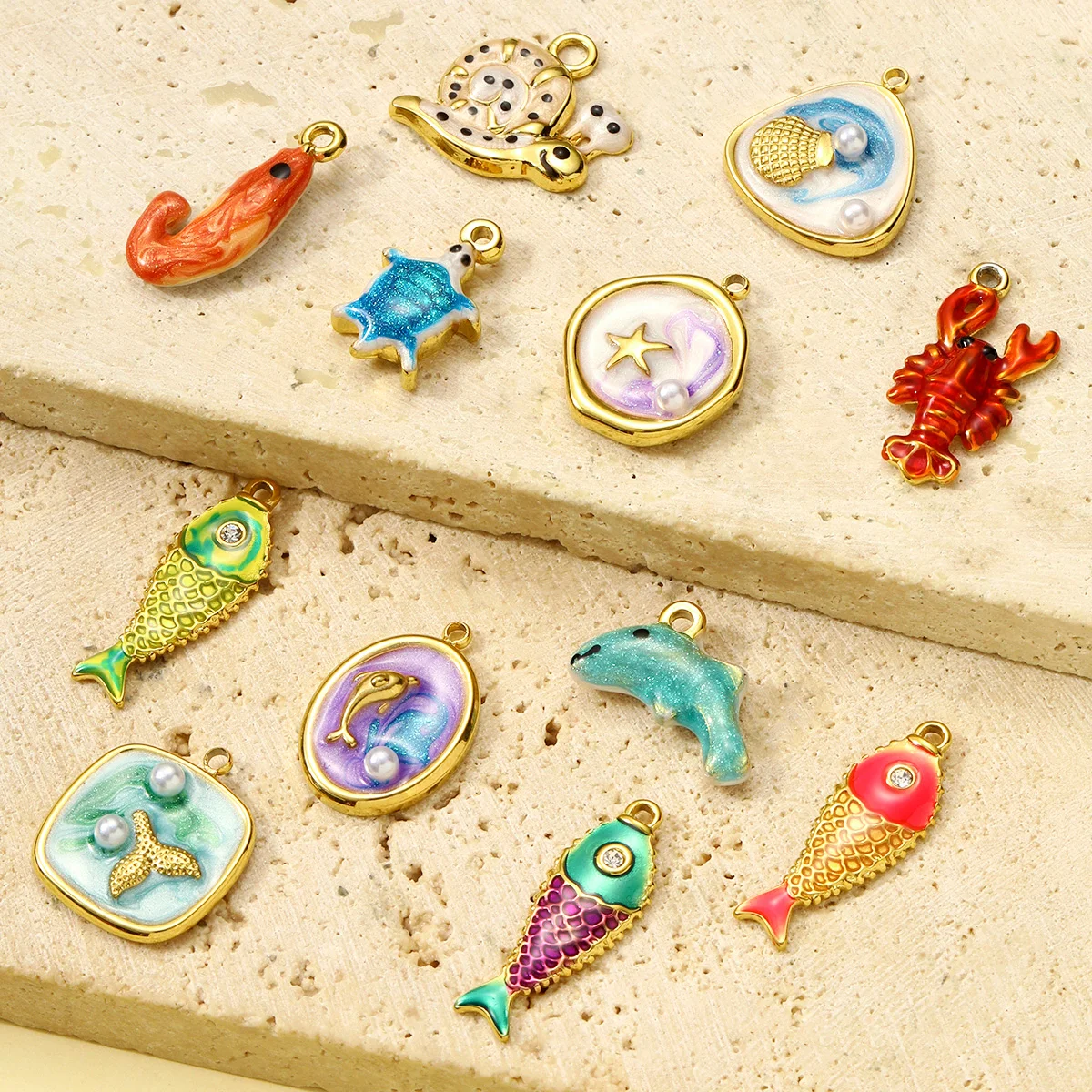 3pcs/Lot Stainless Steel Enamel Fish Lobster Turtle Snail Starfish Charms for Women DIY Jewelry Bracelet Making Pendants
