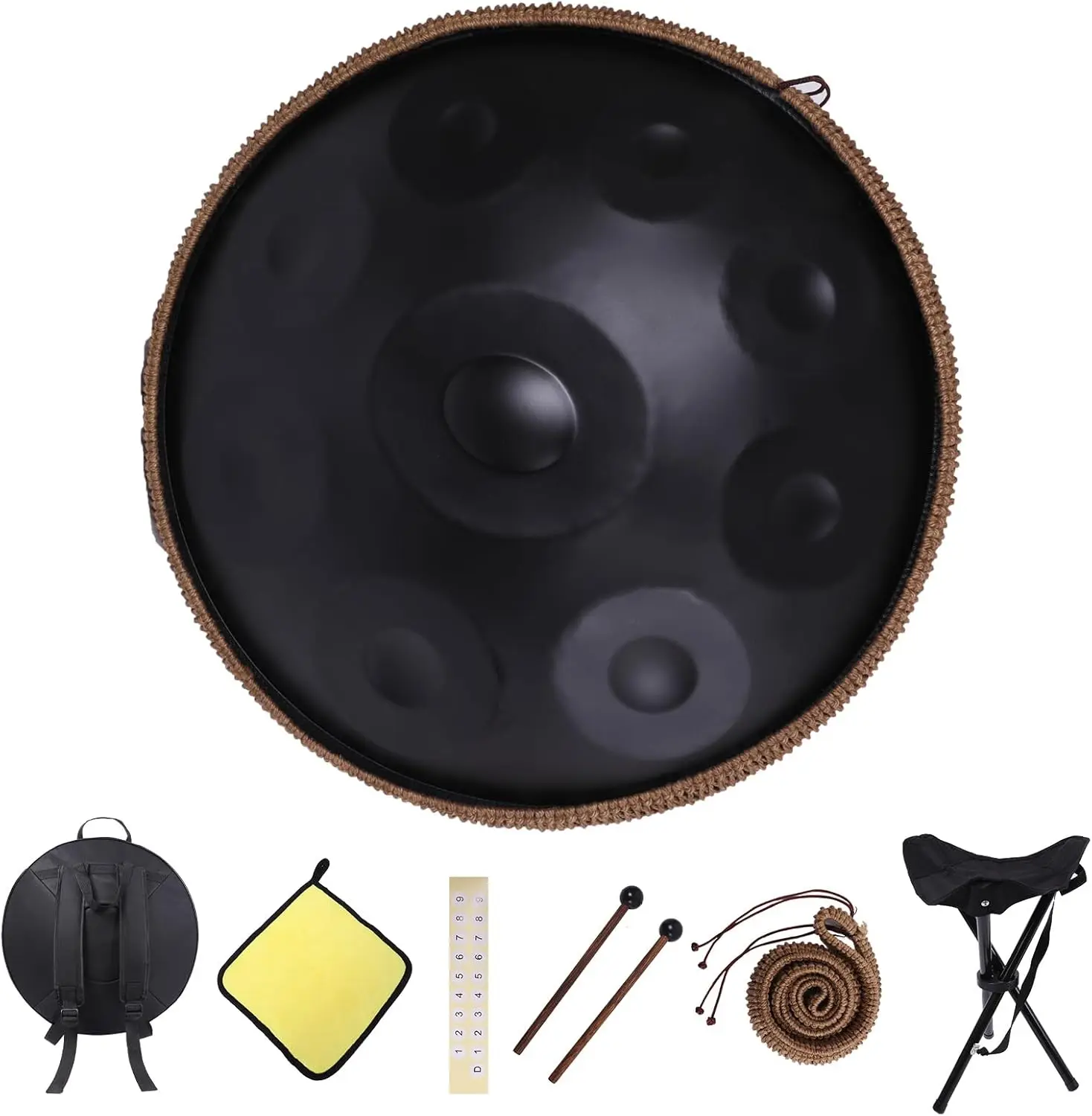 

Kurd Handpan 22" D minor 9-note handpan drum, high-quality professional performance use, 440Hz audio, includes fabric and stand.