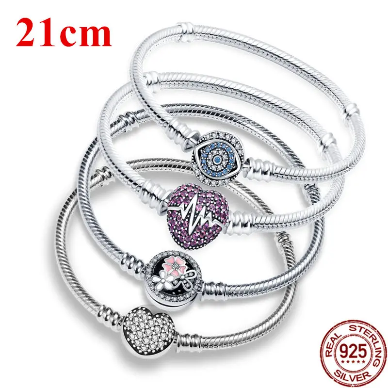 21CM Bigger Bracelet 100% 925 Sterling Silver Original Snake Chain Love Heart Evil\'s Eyes Zircon with Fine  Jewelry For Charm