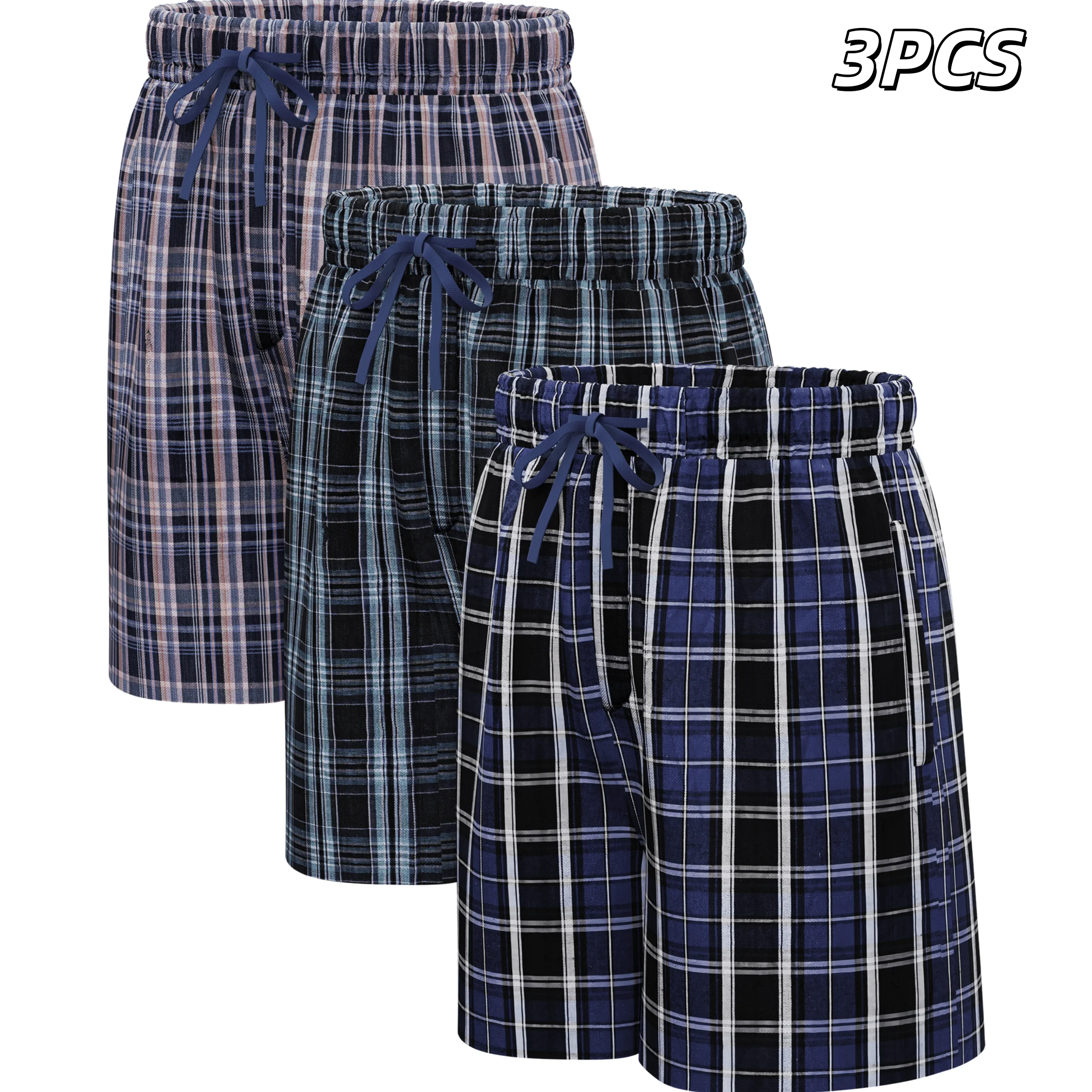 3pcs Mens Pajama Pants Classic Plaid Casual Woven Shorts Summer Five Pants with Drawstring Pockets and Button Fly