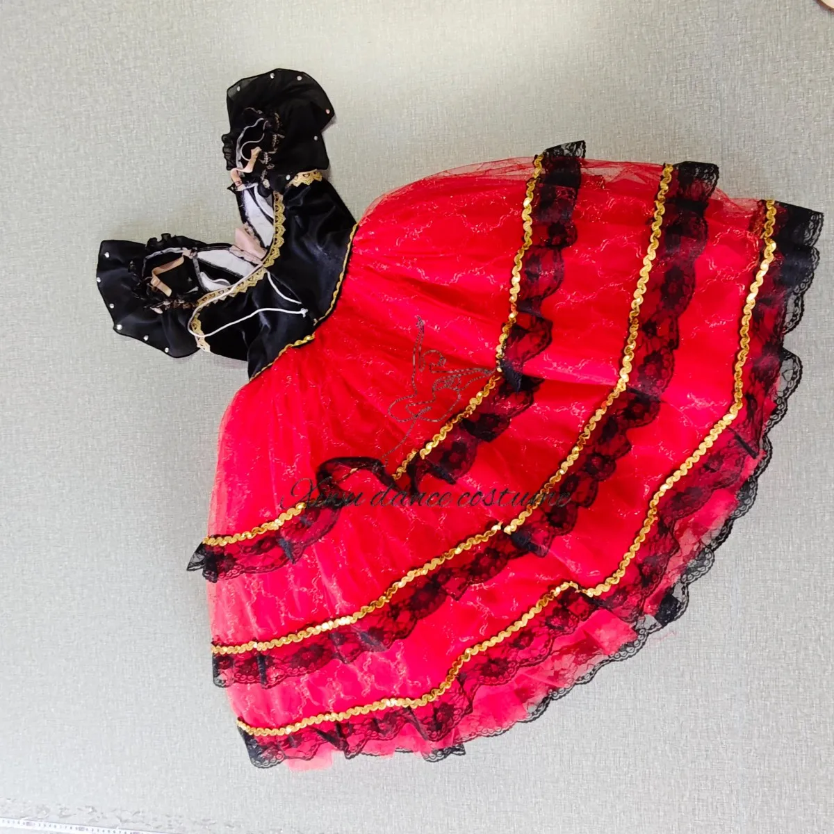 Sukienka sceniczna w stylu flamenco, czarno-czerwona, z falbanami