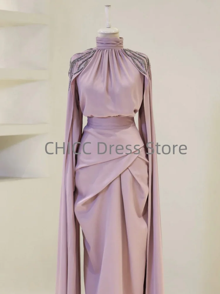 Elegant Muslim Evening Dresses High Neck Long Floating Sleeve Wedding Guests Dress with Beading Pleat Formal Occasion Customized
